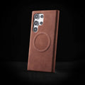 Frosted PU leather phone case for Samsung Galaxy S25 Ultra and S25 in black, brown, chocolate, gray, or white.