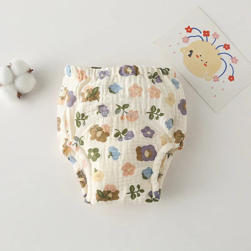 Gauze cotton baby training pants in pure cotton with waterproof layer, ring waist design
