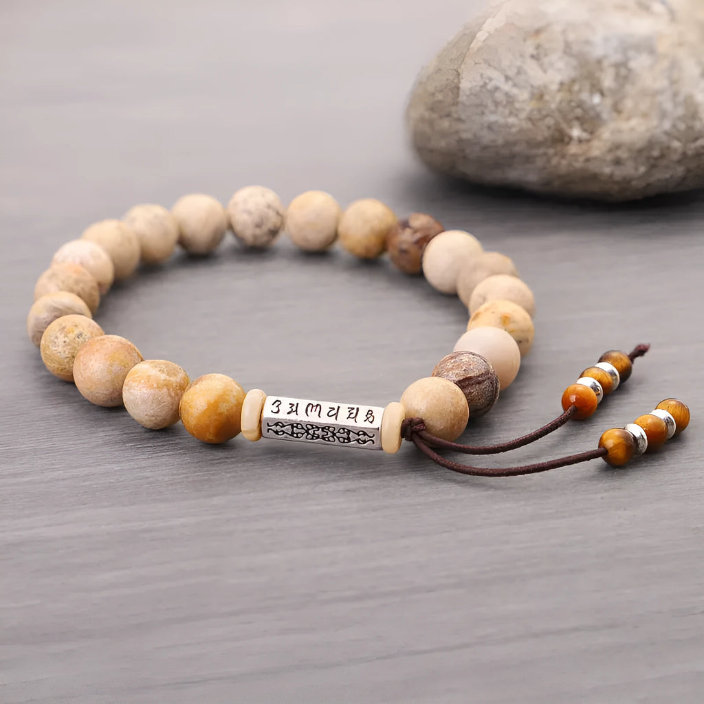 Handmade wood colour stone bead bracelet with original retro design.
