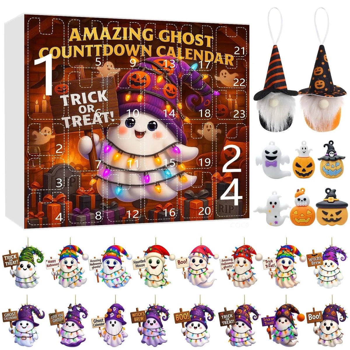 Ghost pumpkin doll blind box set with 16 pendants, 6 PVC figurines, and 2 plush dolls for Halloween and Christmas tree dress up