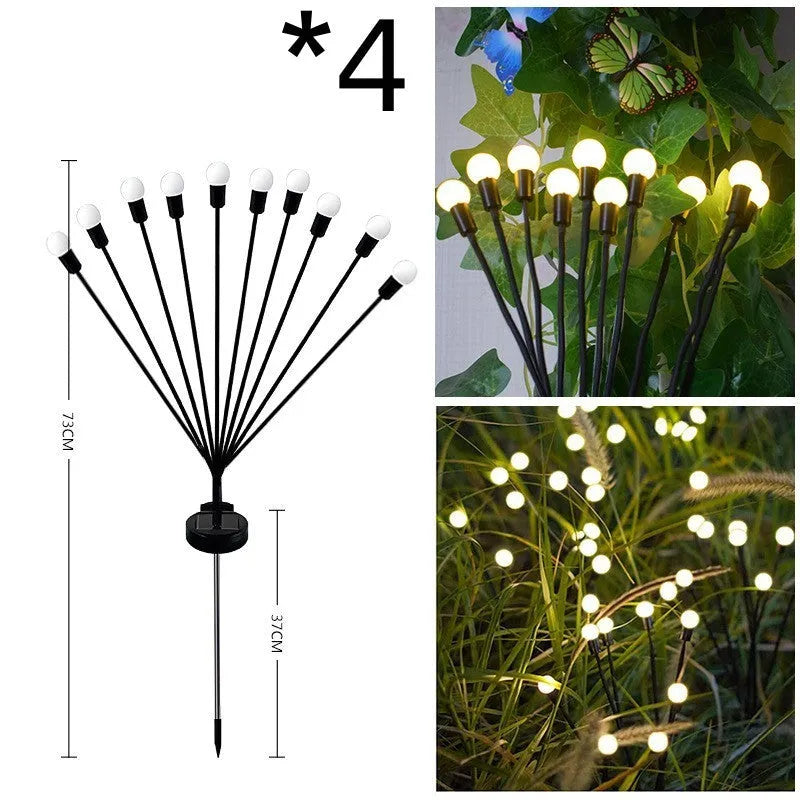 Solar-powered LED firefly ground lamp with multiple heads and ground spike for garden installation