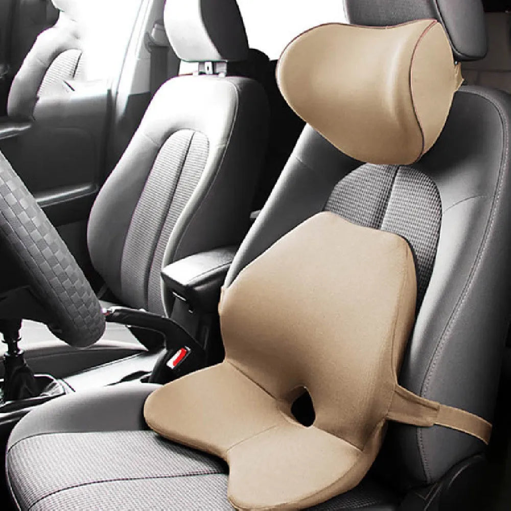 Car waist cushion with memory cotton filling for lumbar support, shown in beige colour