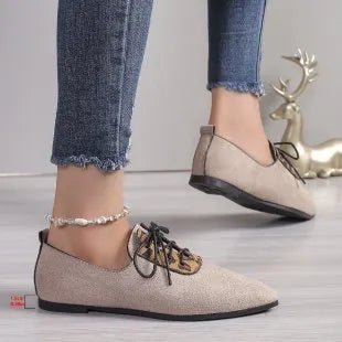 Beige leopard print pointed toe court shoes for women in plus sizes with artificial PU uppers and rubber soles