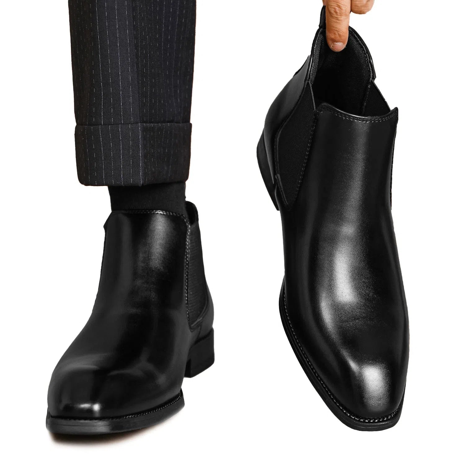 Men's Chelsea classic retro long boots in black with square toe and horseshoe heel