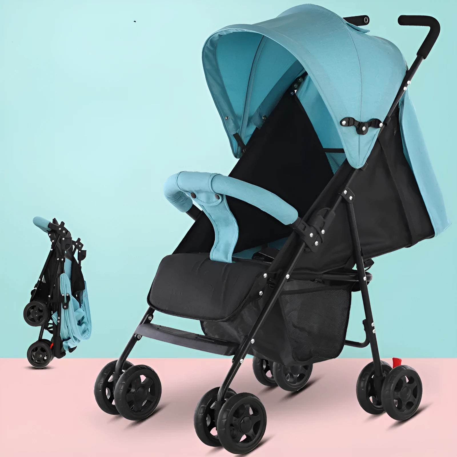 Lightweight wide long baby stroller with sunshade in carbon steel and fabric, shown in fashion gray