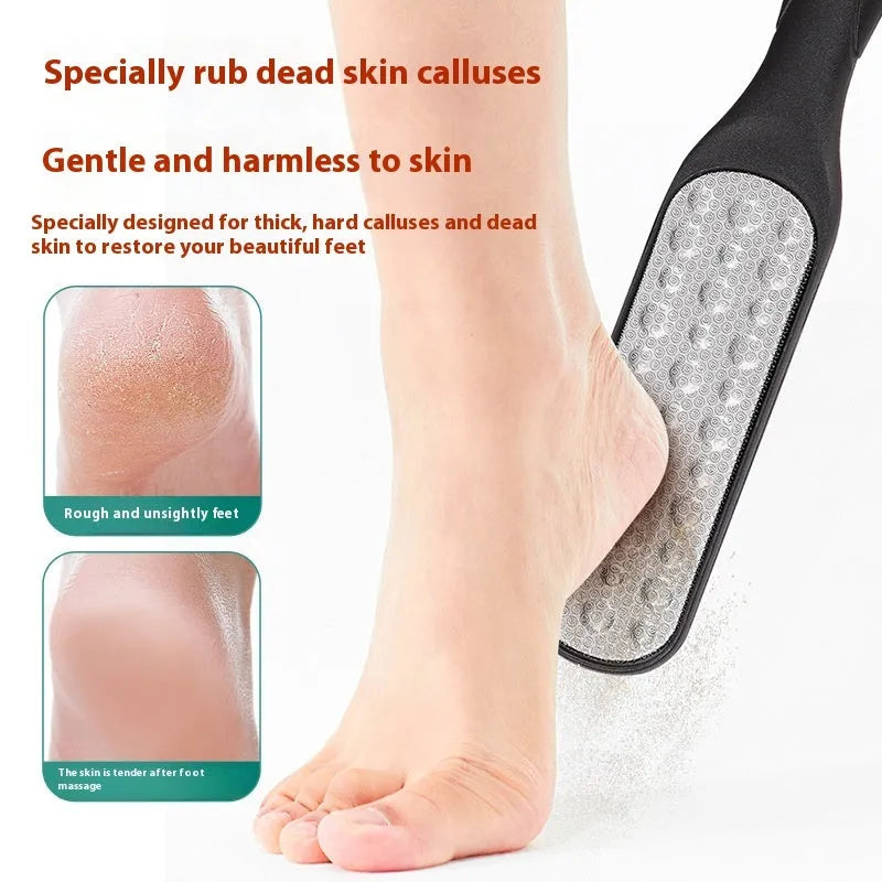 Stainless steel foot grinder with white and black double-sided abrasive attachments for foot care