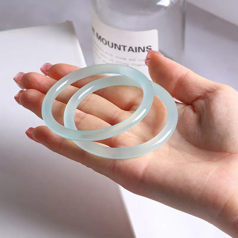 Azure light blue thin round bar quartzite jade bracelet in modern simplicity style