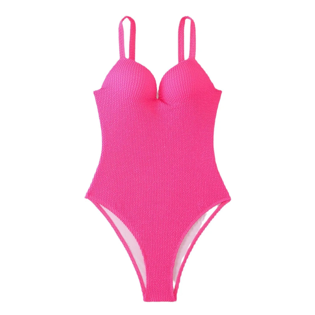 Women's black sleeveless one-piece swimsuit with a sunken stripe pattern on the front.