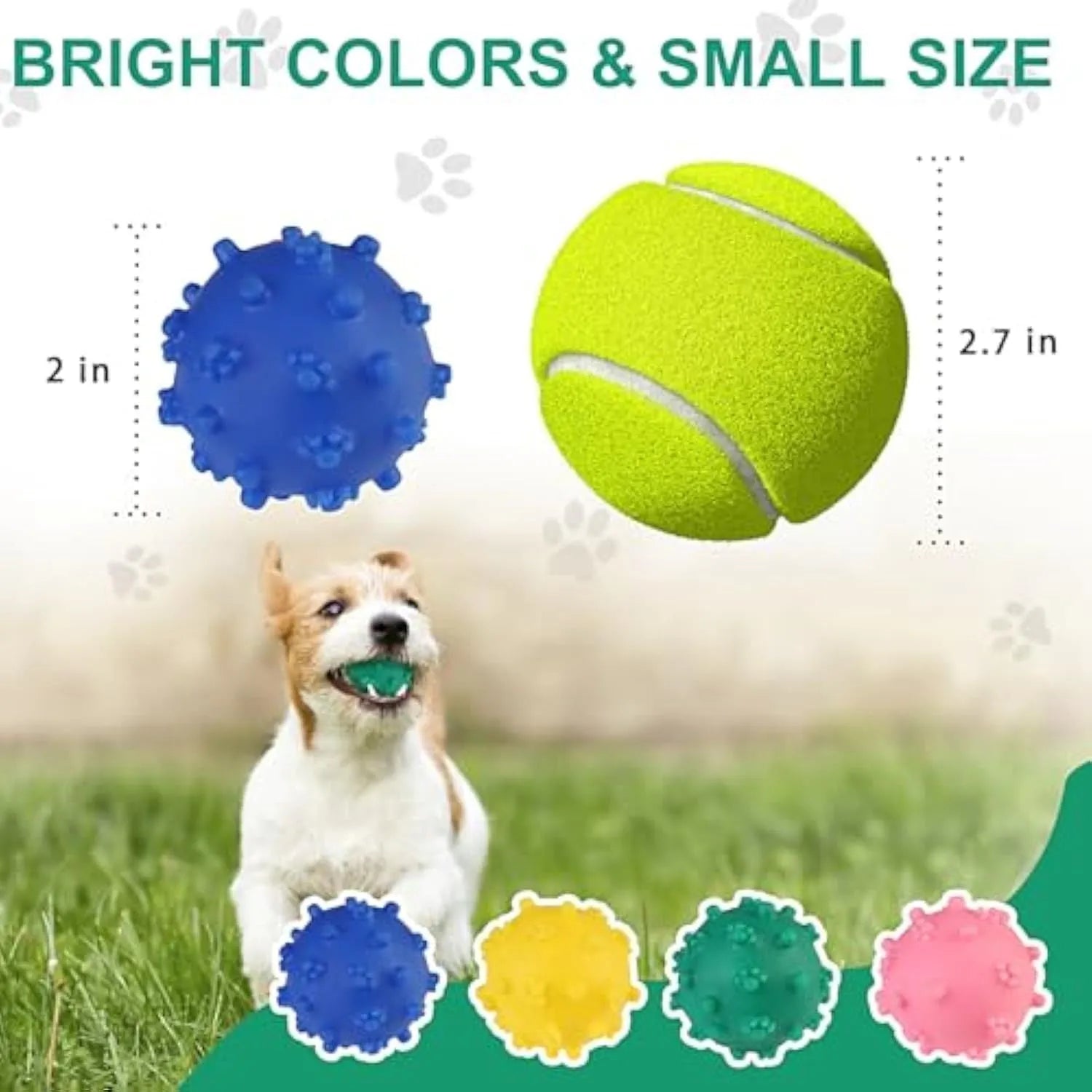 Four bright spiked squeaky dog balls in blue, green, pink, and yellow for small breed puppies.