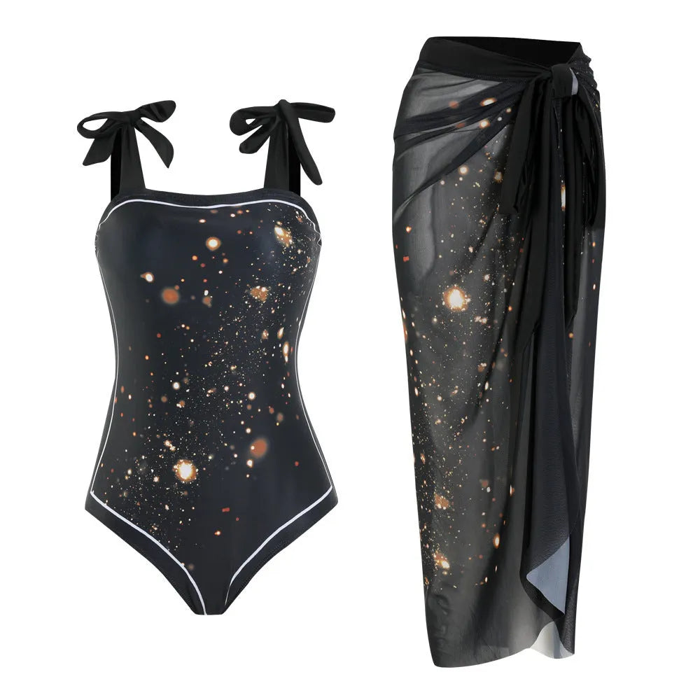 Floral mesh tube top conservative bikini swimsuit with matching skirt in polyester fabric