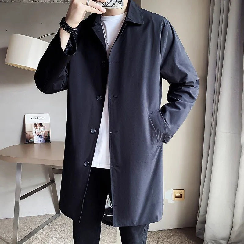 Men's loose fit mid-length trench coat in rabbit fur, shown in khaki colour.
