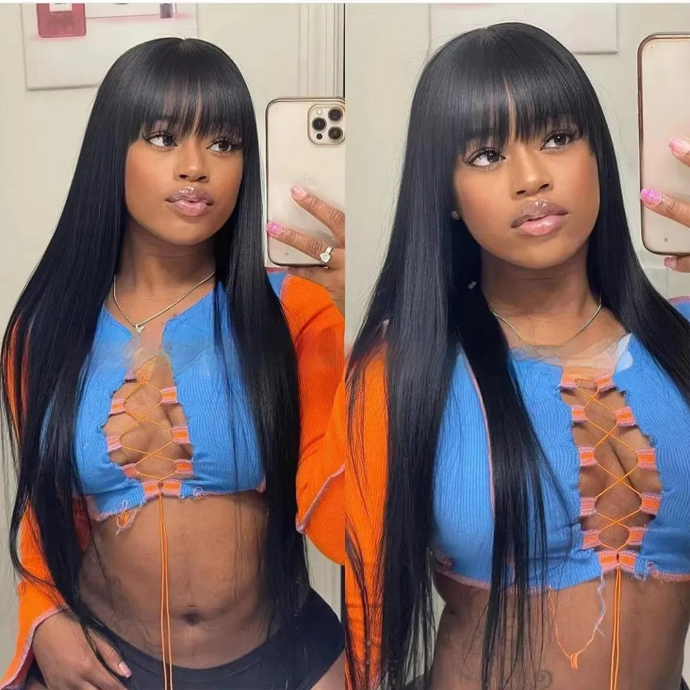 Natural colour human hair straight fringe wig on a stand, showing full-mechanism headgear back