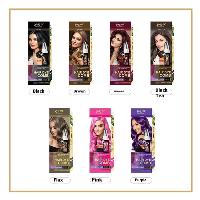 Hair dye kit showing Brown, Wine Red and Dark Brown 200ml bottles with comb applicator
