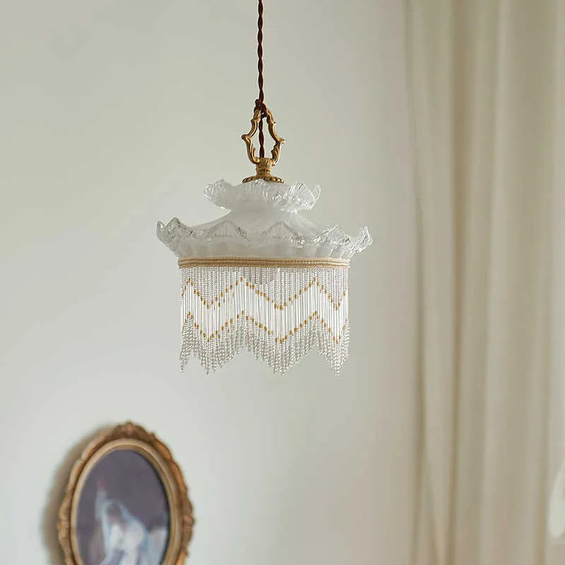 Tassel chandelier with copper lamp body and glass lampshade for dining room or bedroom