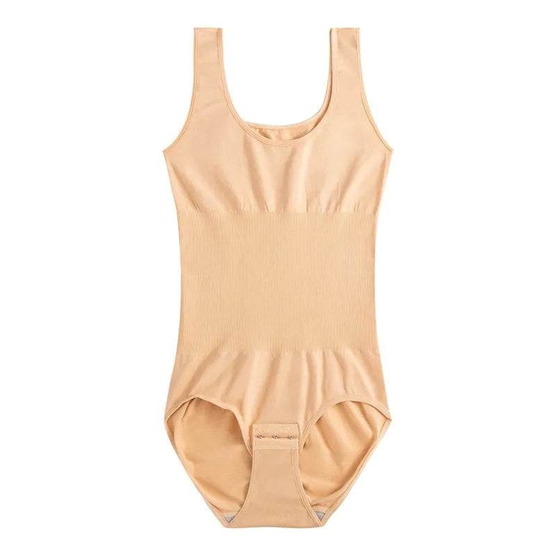 Green seamless nylon bodysuit shapewear for women on a hanger, showing its one-piece waist training design.