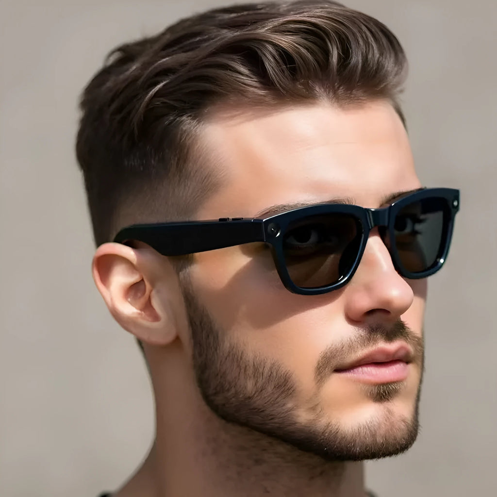 M01 black and transparent lens HD camera AI translation intelligent video glasses on a stand.