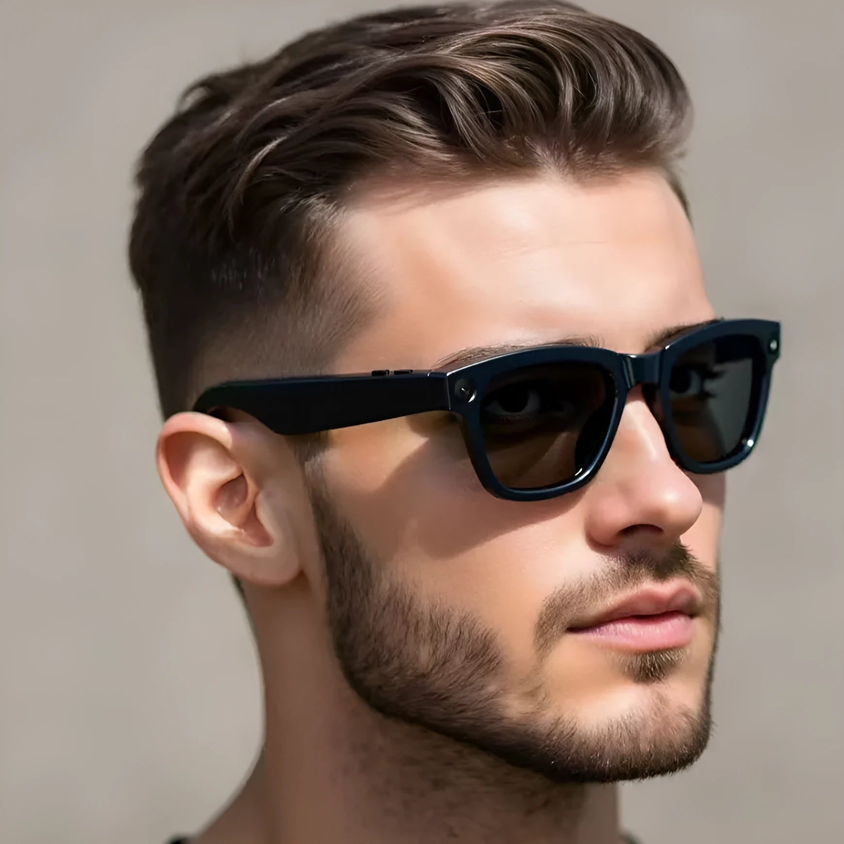 M01 black and transparent lens HD camera AI translation intelligent video glasses on a stand.