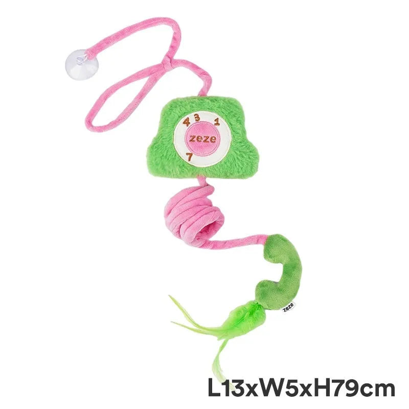 Cat elastic string toy with retro mobile phone design in green, made from flannel and polyester fibre