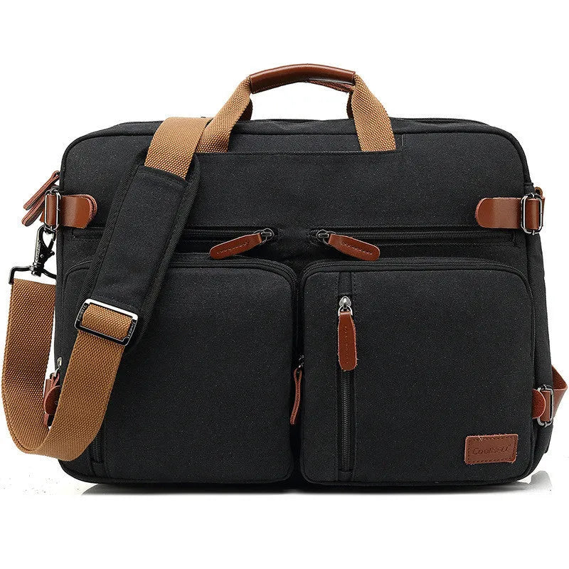 Business multi-functional backpack for men in nylon canvas black with internal laptop compartment and luggage belt