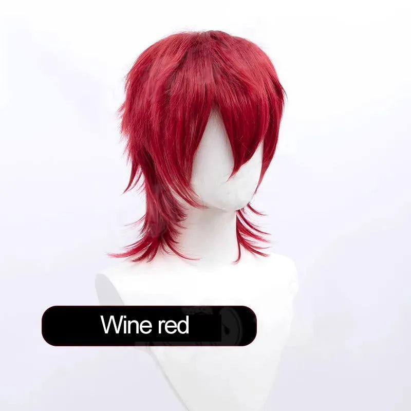 Short black and blue anime-style cosplay wig for men with a lengthened tail.