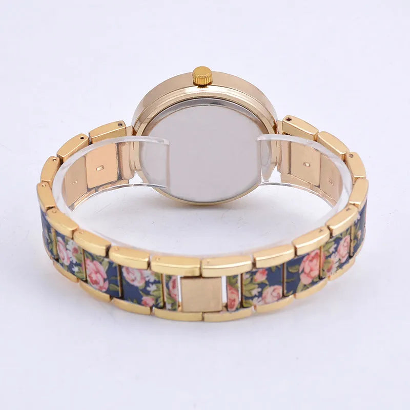 Women's fashion printing steel watch with printed spot drill dial, ordinary glass mirror and stainless steel bottom