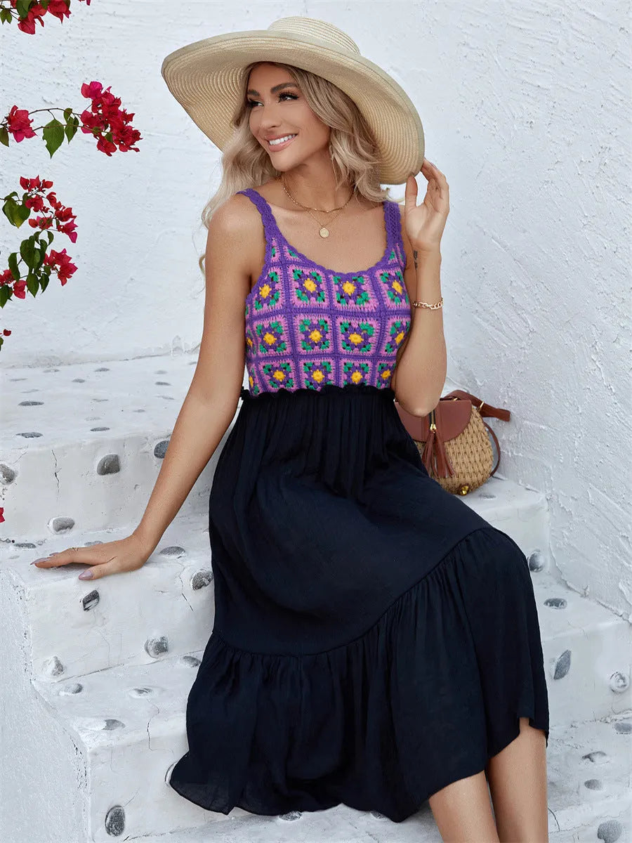 Purple sleeveless dress with hand-hooked flower stitching, floral pattern, and free size fit