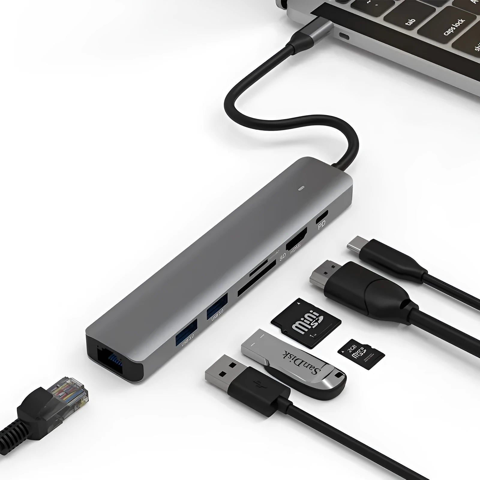 LQT-LH07 model 7-in-1 silver USB C hub showing USB-C plug, PD port, USB-A ports, and SD and microSD card slots.