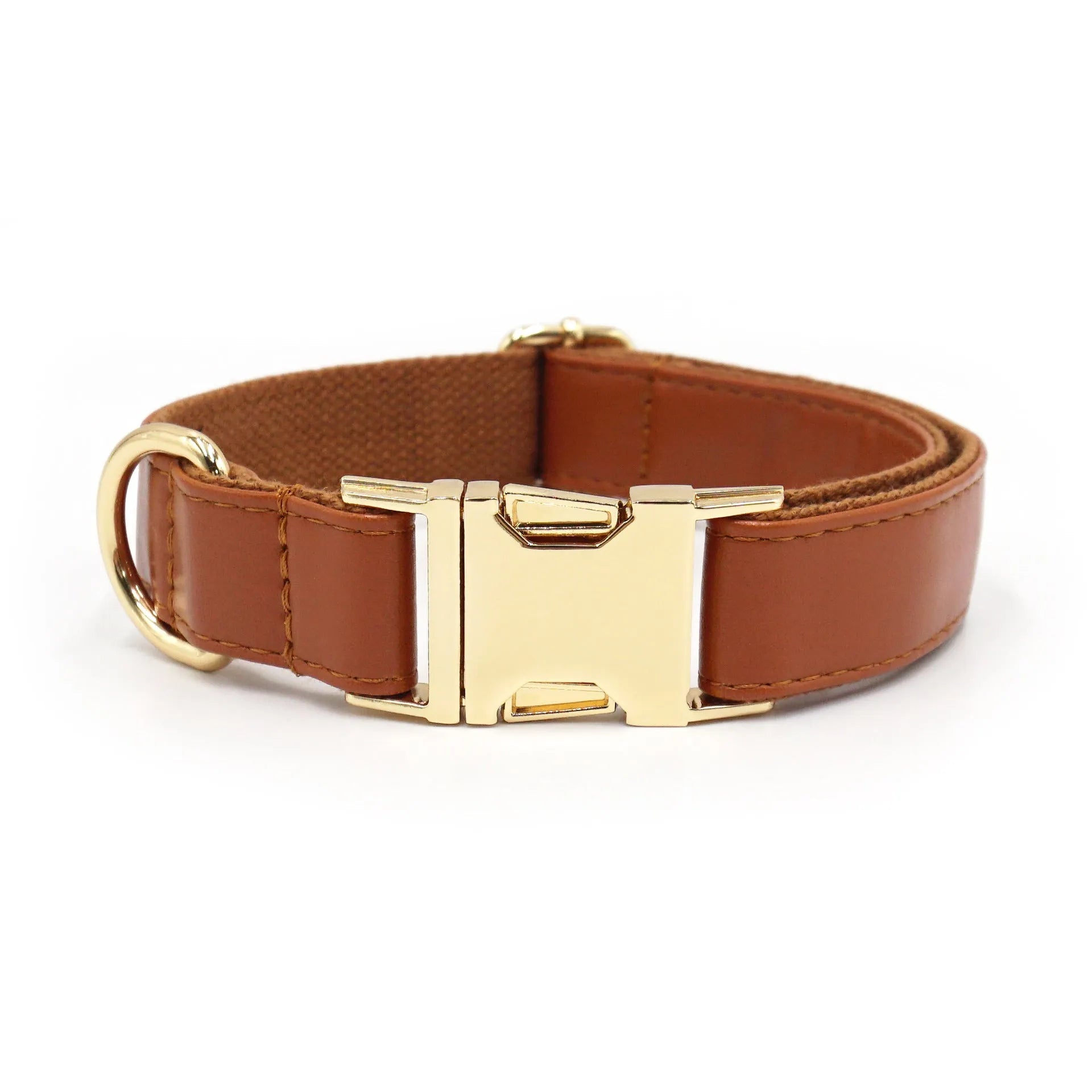 Simple colour block leather dog collar shown in caramel colour on a white background.