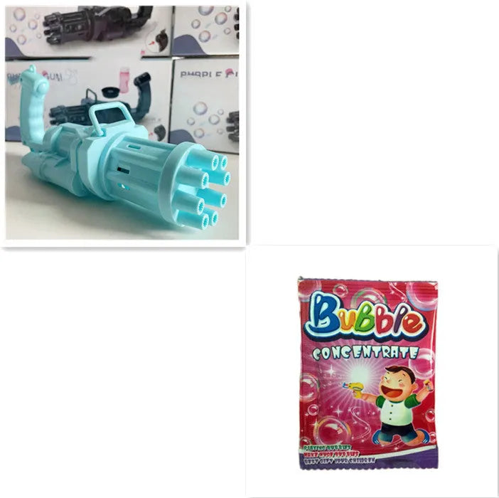 Kids bubble machine gun toy in pink, gold, or black colours with battery compartment and bubble solution