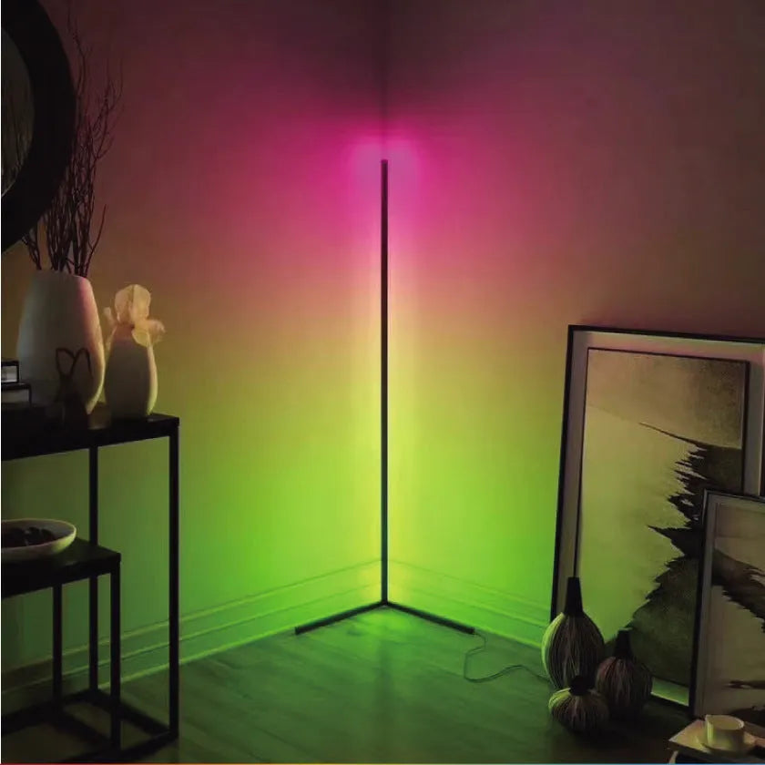 Black smart RGB floor lamp with aluminium body and silicone shade showing colour changing modes