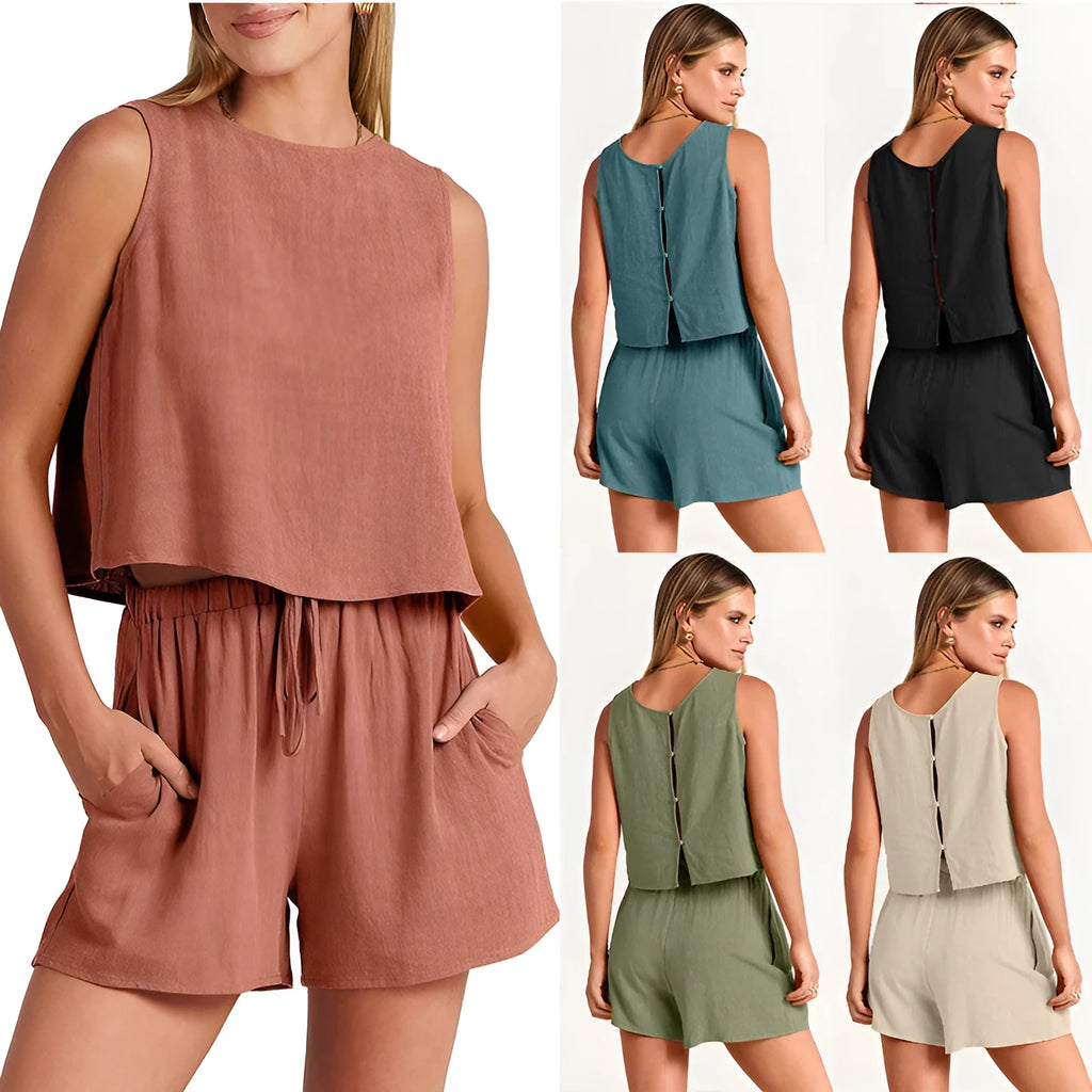 Women's apricot coloured sleeveless top and drawstring shorts summer outfit set on a hanger