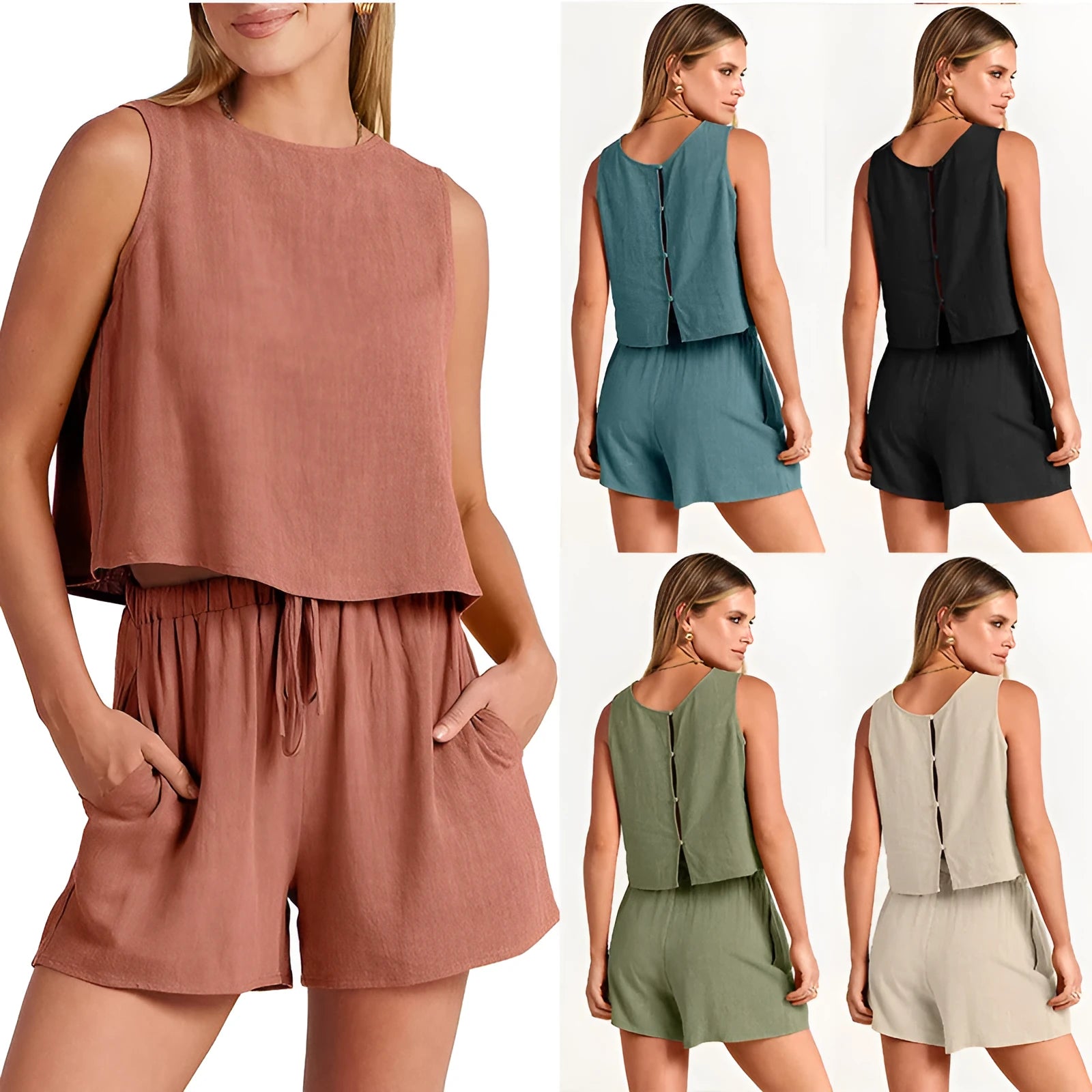 Women's apricot coloured sleeveless top and drawstring shorts summer outfit set on a hanger