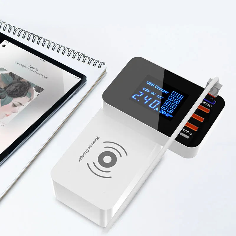 White multi-port USB fast charger with wireless charging pad and EU, UK, US plug adapters on a desk.