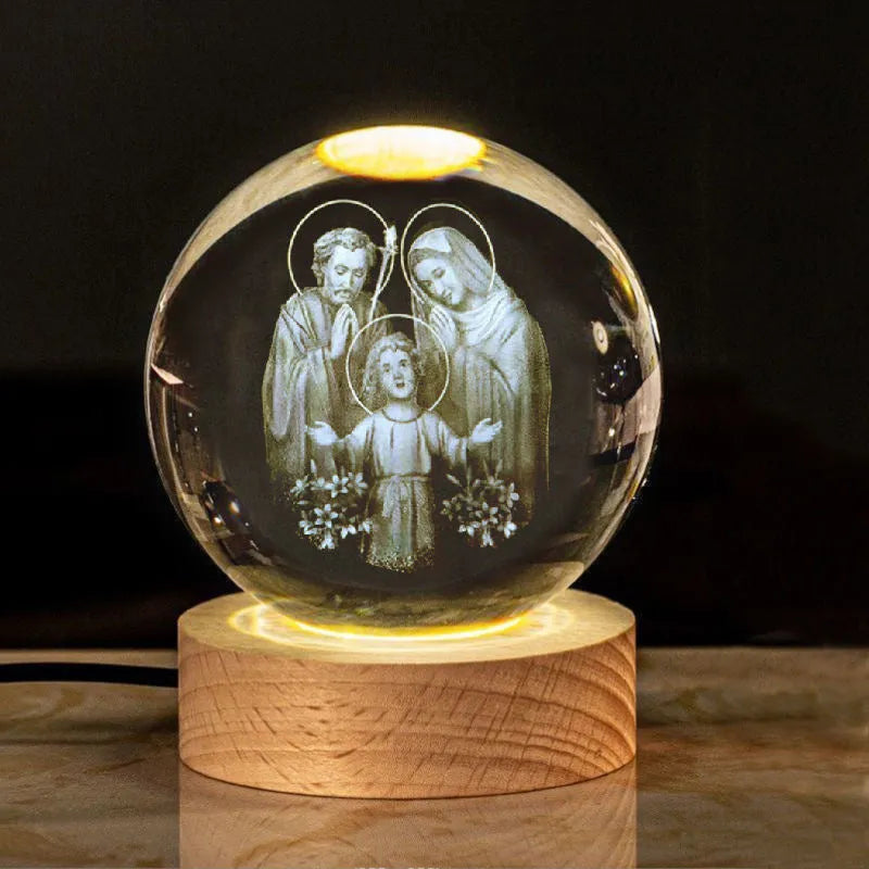 6cm white crystal religious ornament on wooden base with warm lighting