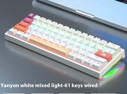 61-key bluish-black and white mechanical keyboard with hot-swap switches on desk