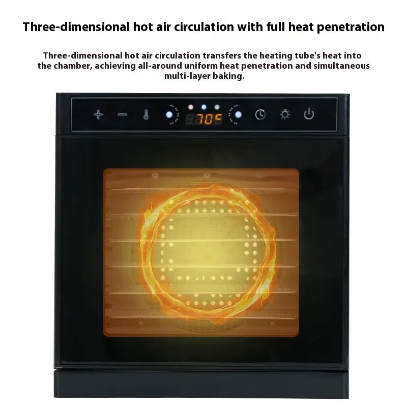 Stainless steel fruit dehydrator with multiple trays, LED control panel, and visual skylight window.