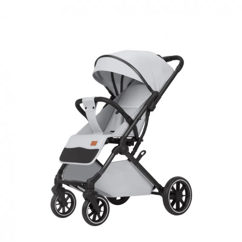 Lightweight folding baby stroller with lie-flat seat and four-wheel shock absorbers, available in black, dark grey, light grey and khaki