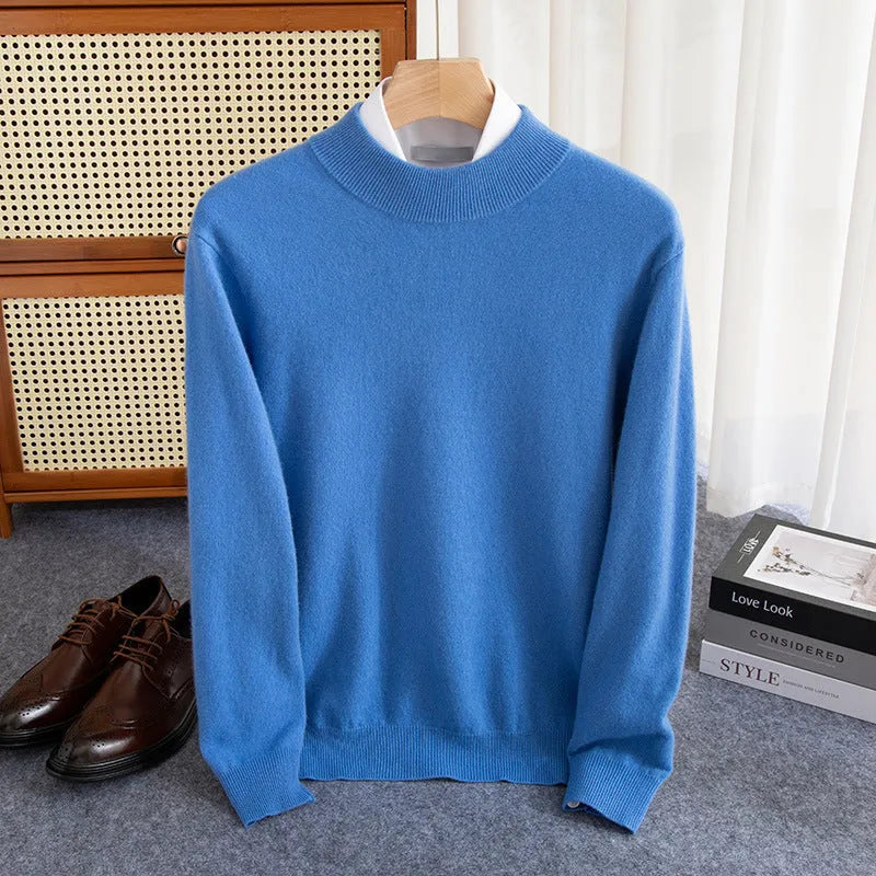 Men's half-collar wool sweater in loose fit showing colour options including black, brown and camel