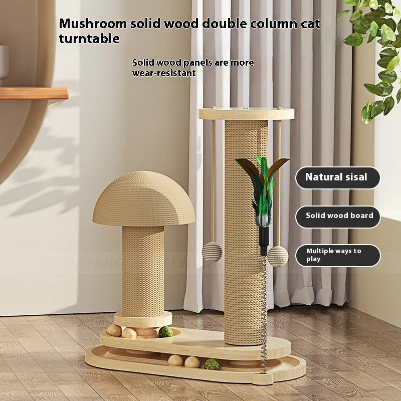Solid wood cat scratching post with climbing frame and turntable design for indoor cats