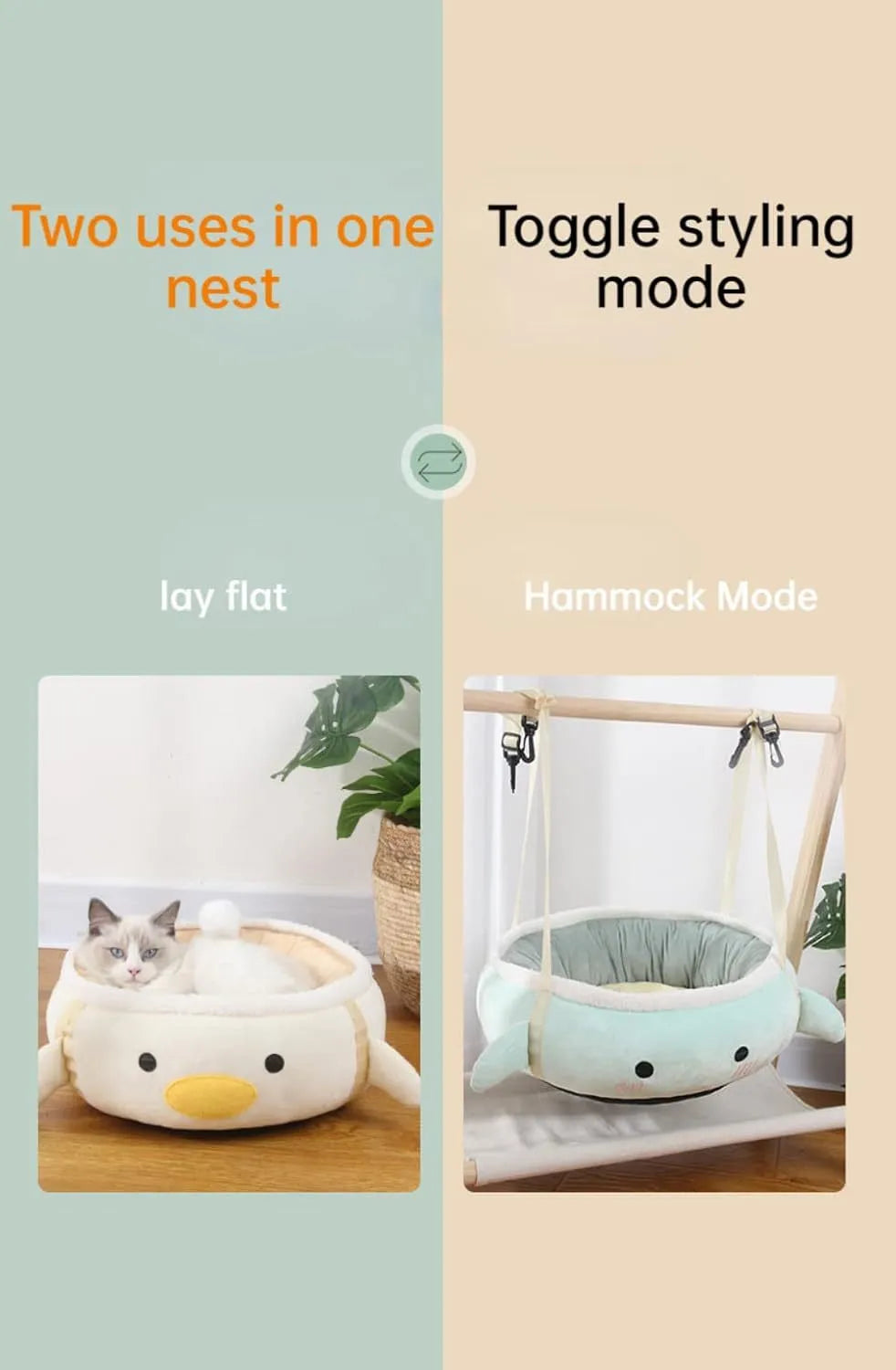 Green dinosaur-shaped cat bed shown both as a flat sofa and hanging as a hammock for a cat.