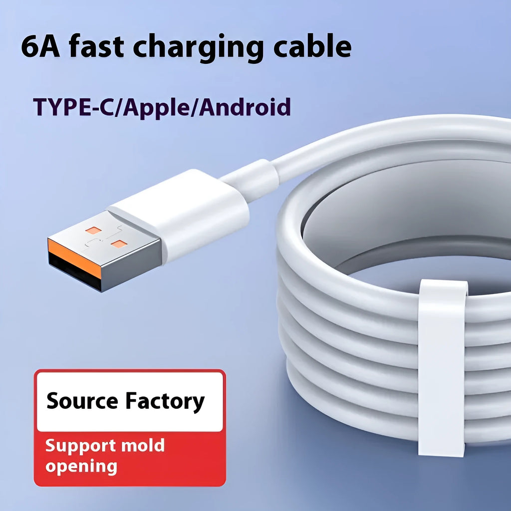 White 6A super fast charge data cable with TYPE-C, Micro USB or Lightning interface, 0.3m to 2m, PVC