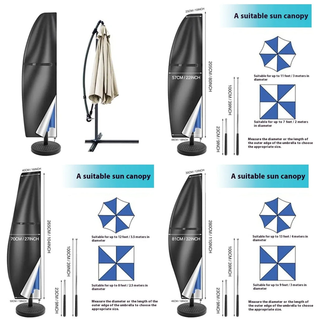 Black and grey waterproof oxford cloth covers for banana-shaped and straight outdoor garden umbrellas.
