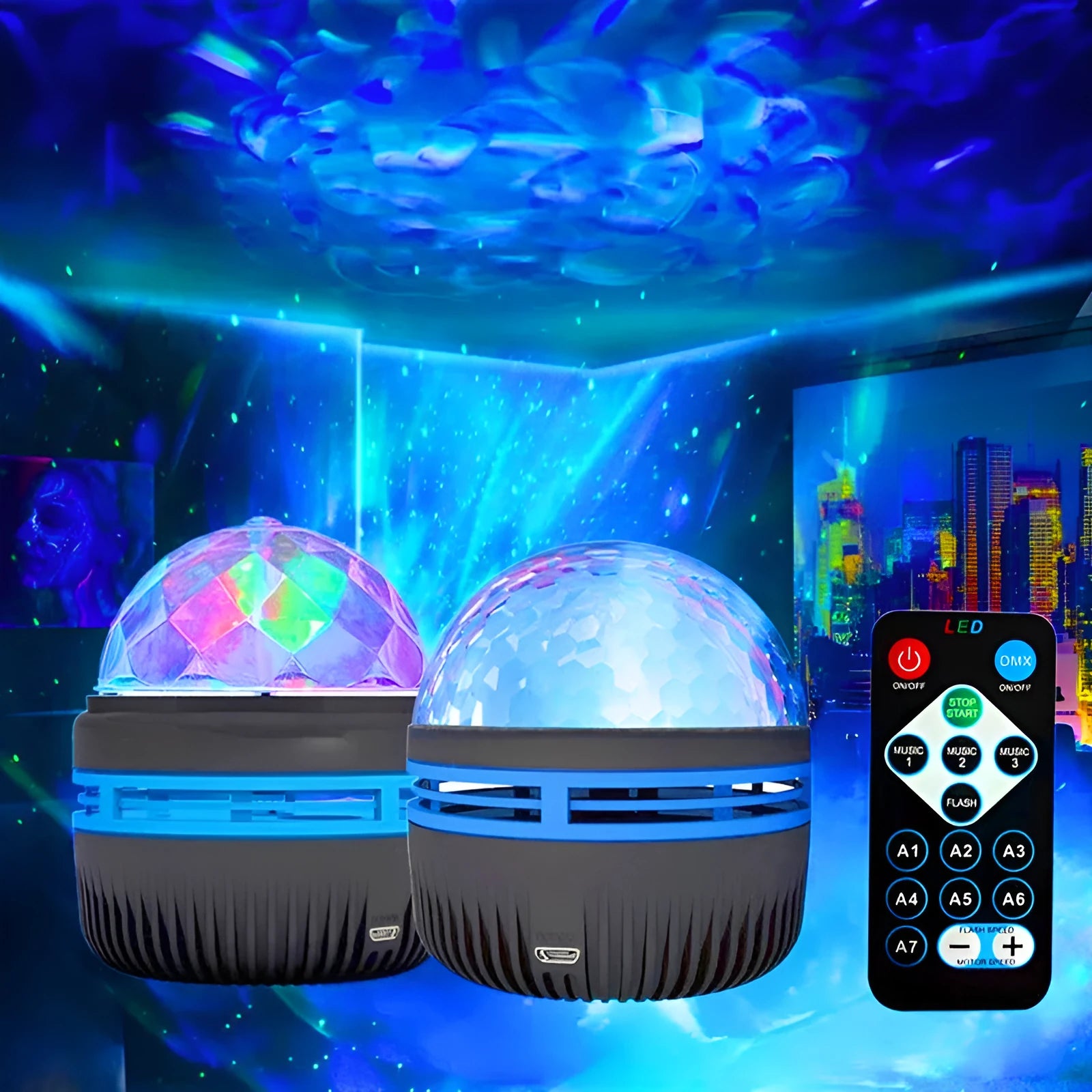 LED galaxy projector lamp with acrylic shade showing colourful rotating star patterns for bedroom or party use