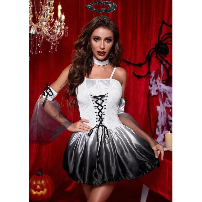 Vampire ghost witch costume for women in black or grey white, cotton blend, sizes S to XXXL