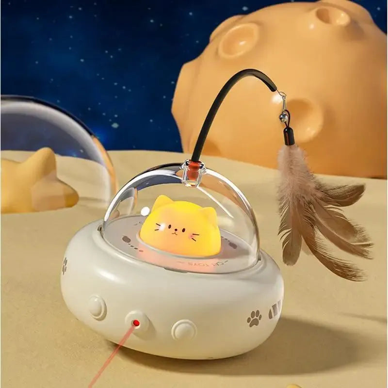 Pink or white rechargeable electric cat toy with feather teaser wand, 360 red light beam, ABS body, 11.5x11x28cm