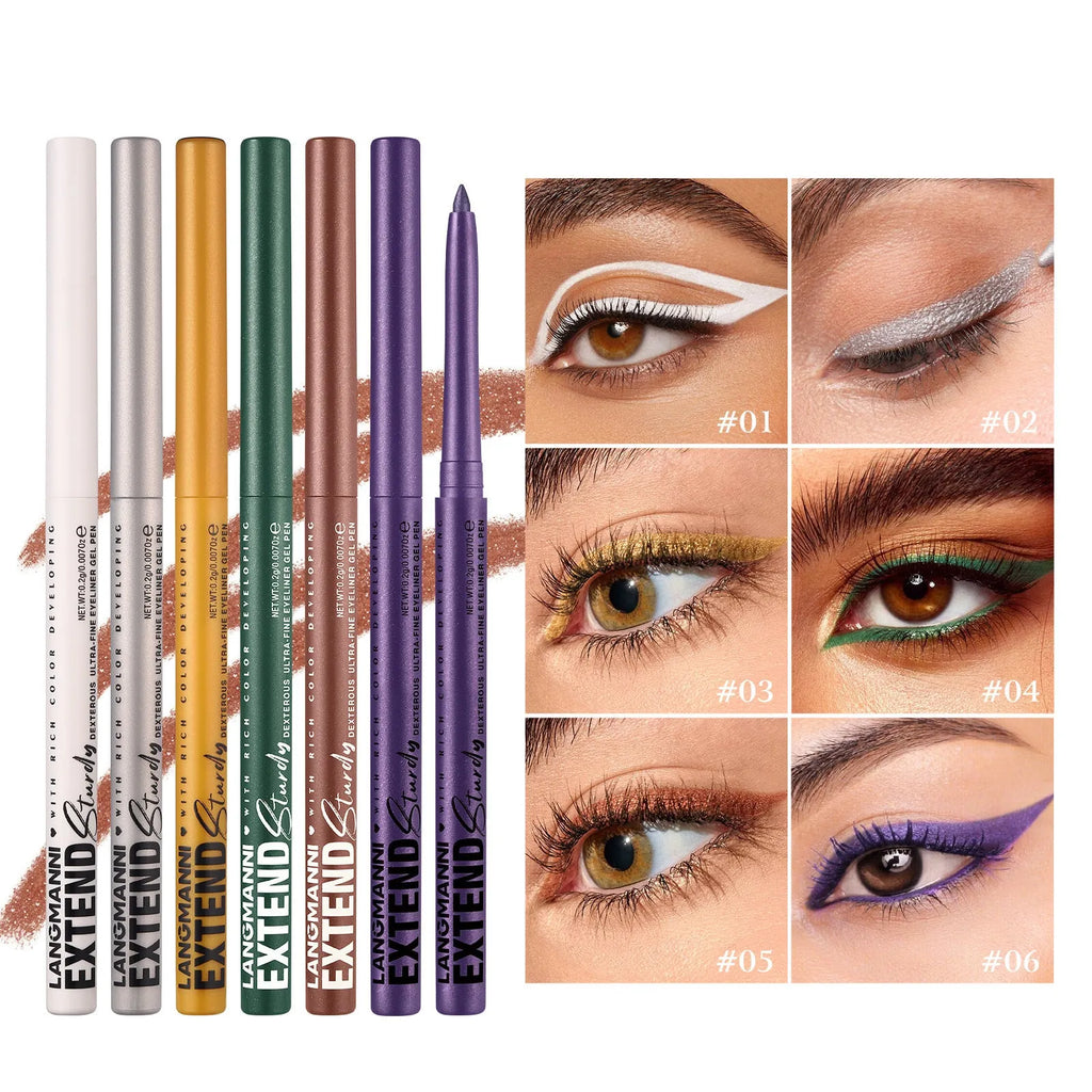 Set of 12 colourful gel glitter eyeliner pencils with vibrant shades on a white background
