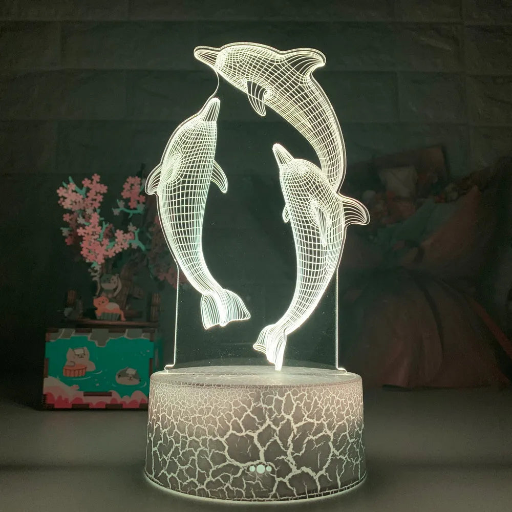 3D LED night light dolphin shape black crackle touch remote control USB powered