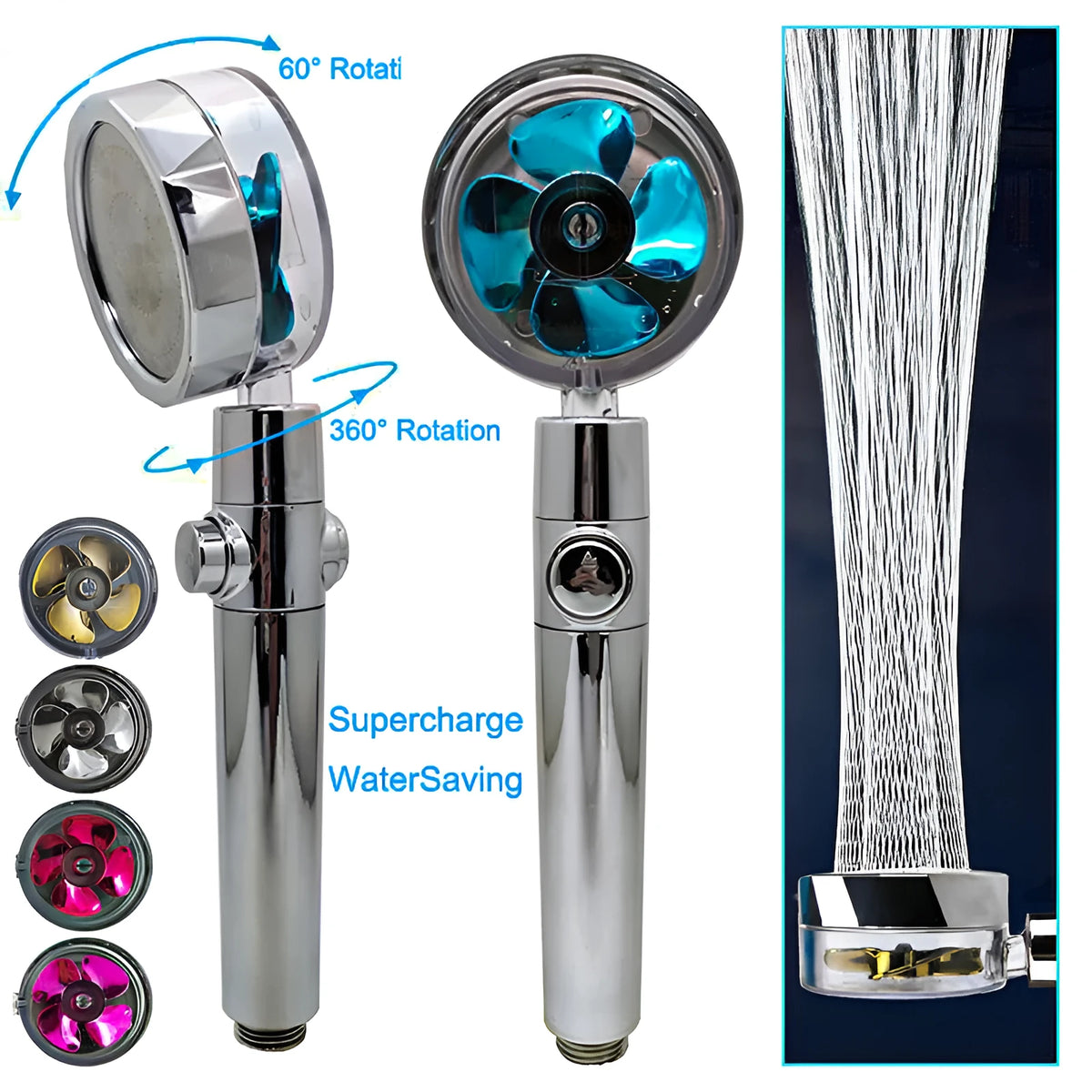 ABS water saving shower head with round head, chrome alloy finish, and 360-degree rotating joint