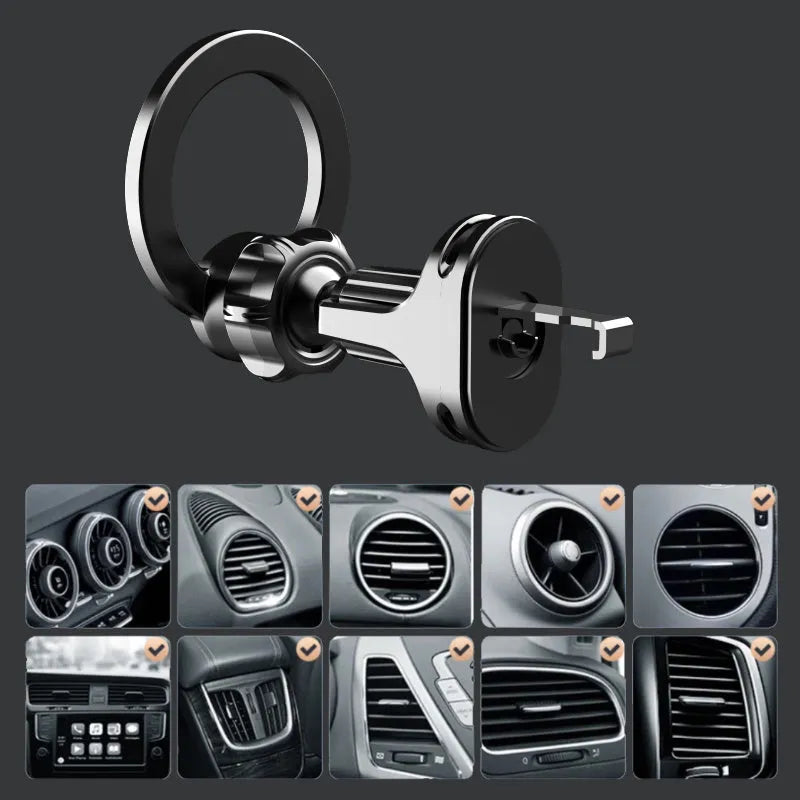 Black magnetic suction car phone holder mounted on a vehicle air vent, showing O-ring clip and magnet for phone attachment.