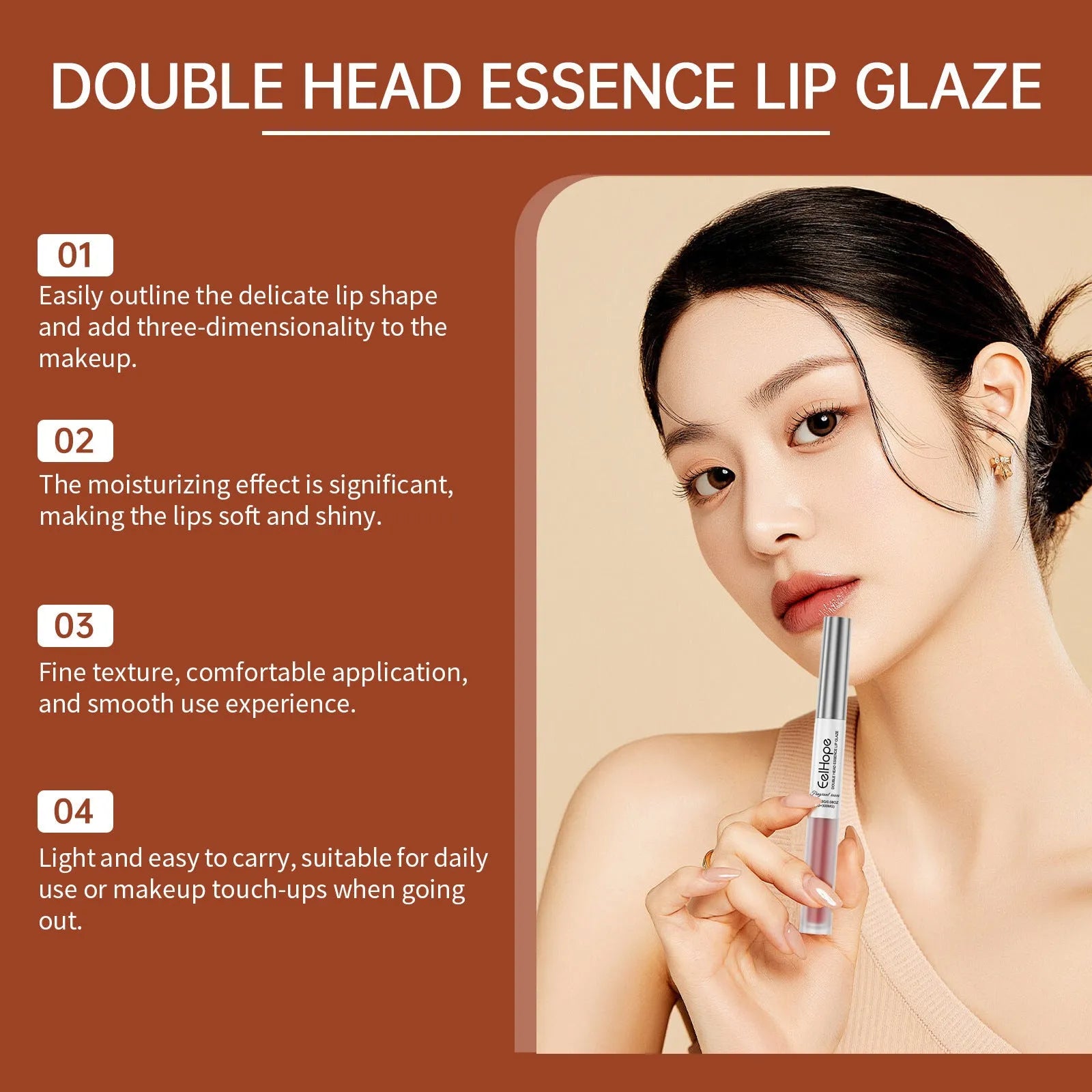 Double-headed lip liner and lip lacquer pen with brush applicator in three colour options
